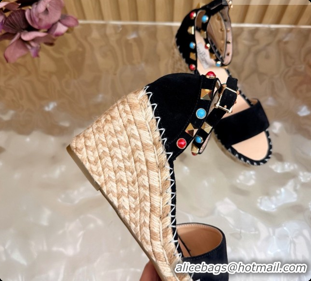Hot Style Valentino Rockstud Double Wedge Sandal in Suede Black 6081434