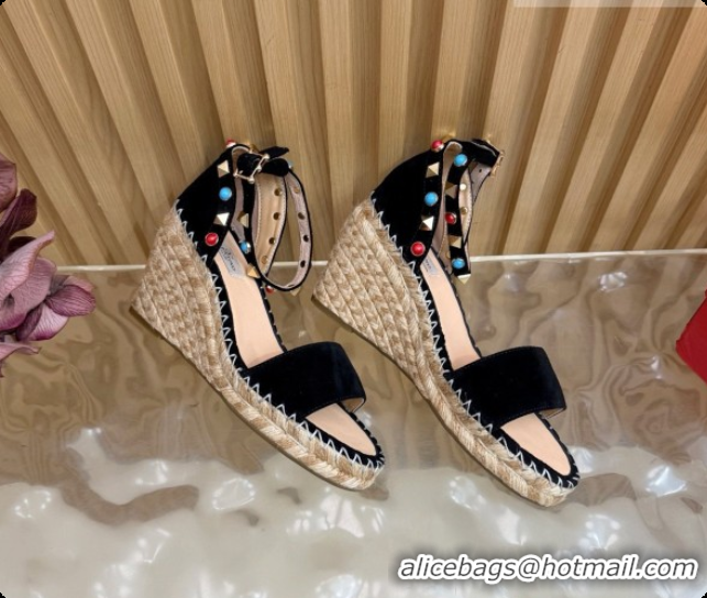 Hot Style Valentino Rockstud Double Wedge Sandal in Suede Black 6081434