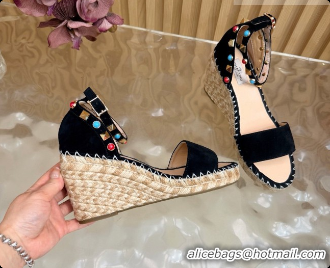 Hot Style Valentino Rockstud Double Wedge Sandal in Suede Black 6081434