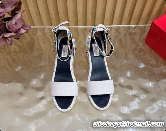 Pretty Style Valentino Rockstud Double Wedge Sandal in Suede White 6081435