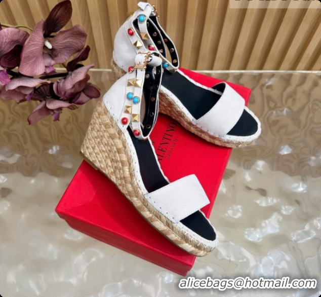 Pretty Style Valentino Rockstud Double Wedge Sandal in Suede White 6081435