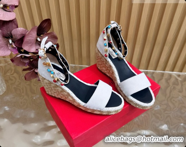 Pretty Style Valentino Rockstud Double Wedge Sandal in Suede White 6081435
