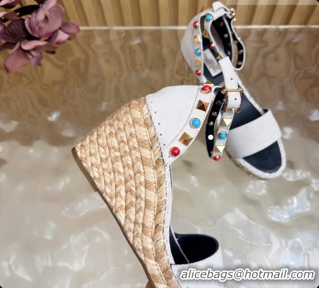 Pretty Style Valentino Rockstud Double Wedge Sandal in Suede White 6081435