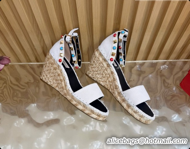 Pretty Style Valentino Rockstud Double Wedge Sandal in Suede White 6081435