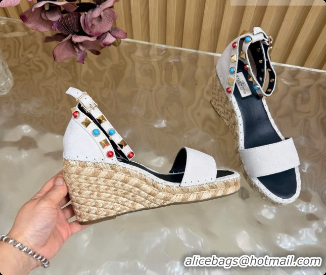 Pretty Style Valentino Rockstud Double Wedge Sandal in Suede White 6081435