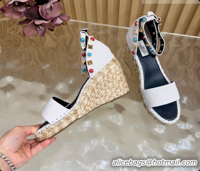 Pretty Style Valentino Rockstud Double Wedge Sandal in Suede White 6081435