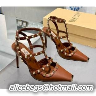 Good Quality Valentino Rockstud Kidskin Pumps 100MM V081454 Brown 2026