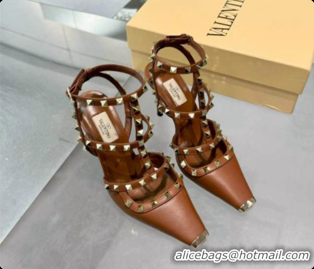 Good Quality Valentino Rockstud Kidskin Pumps 100MM V081454 Brown 2026