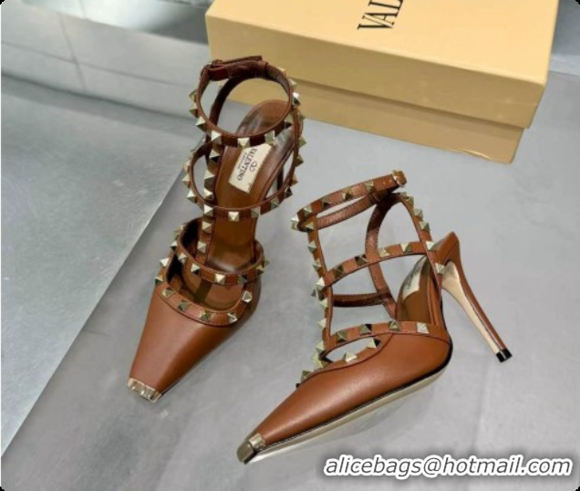 Good Quality Valentino Rockstud Kidskin Pumps 100MM V081454 Brown 2026