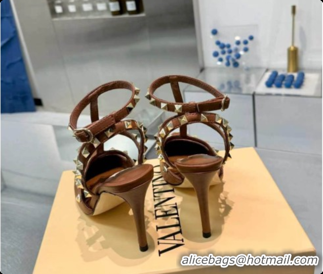 Good Quality Valentino Rockstud Kidskin Pumps 100MM V081454 Brown 2026