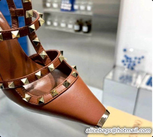 Good Quality Valentino Rockstud Kidskin Pumps 100MM V081454 Brown 2026