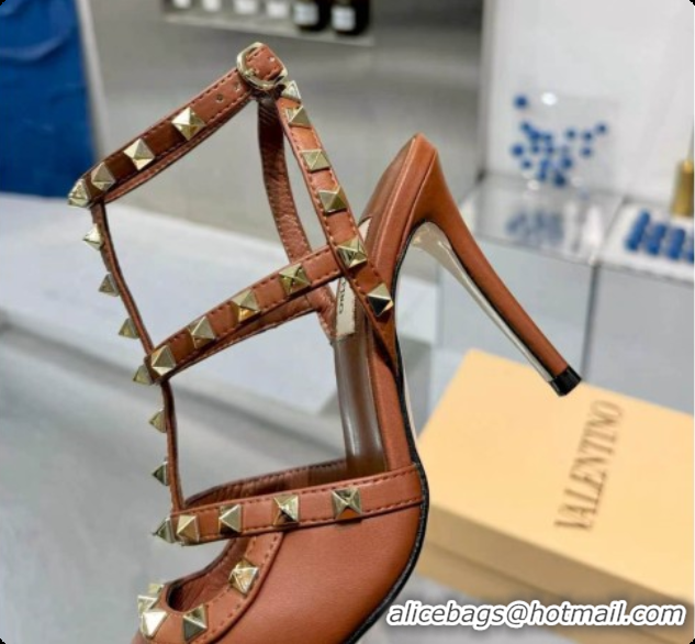Good Quality Valentino Rockstud Kidskin Pumps 100MM V081454 Brown 2026