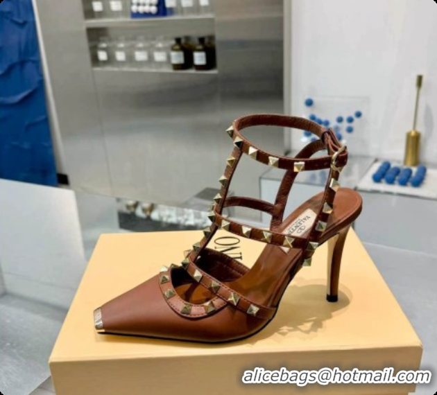 Good Quality Valentino Rockstud Kidskin Pumps 100MM V081454 Brown 2026