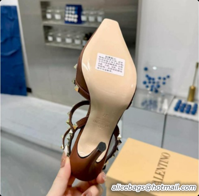Good Quality Valentino Rockstud Kidskin Pumps 100MM V081454 Brown 2026