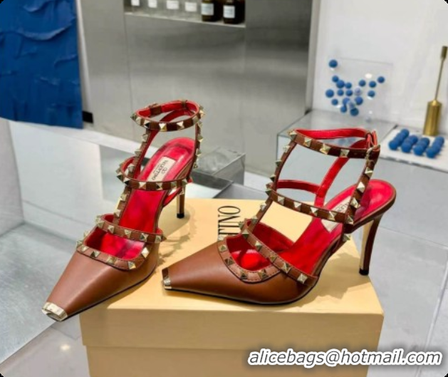 Sumptuous Valentino Rockstud Kidskin Pumps 100MM V081457 Red/Brown 2026