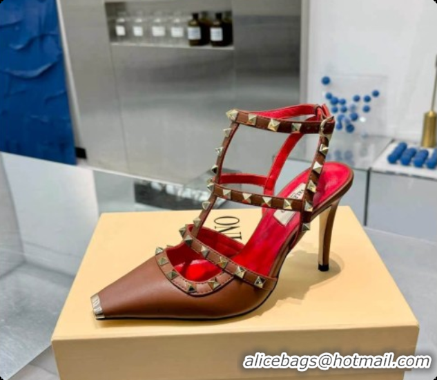 Sumptuous Valentino Rockstud Kidskin Pumps 100MM V081457 Red/Brown 2026