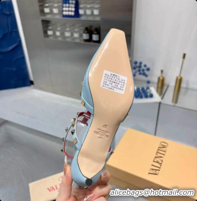 1:1 Valentino Rockstud Court Shoes In Kid Leather 40MM V081468 Light Blue 2026