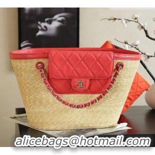 Grade Cheapest Chanel Braided Straw Large Shopping Bag AS5952 Red 2026