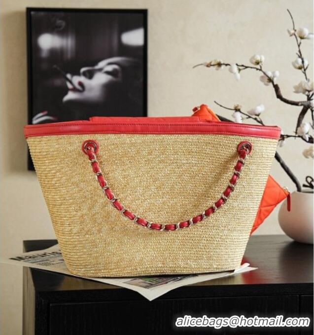 Grade Cheapest Chanel Braided Straw Large Shopping Bag AS5952 Red 2026