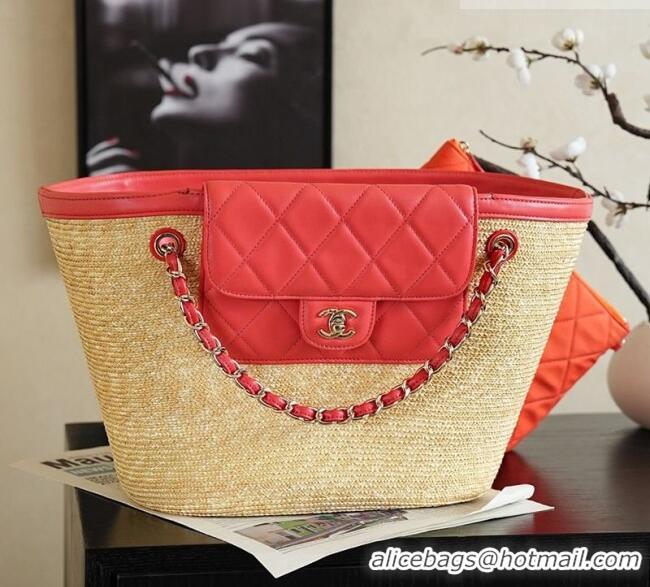 Grade Cheapest Chanel Braided Straw Large Shopping Bag AS5952 Red 2026