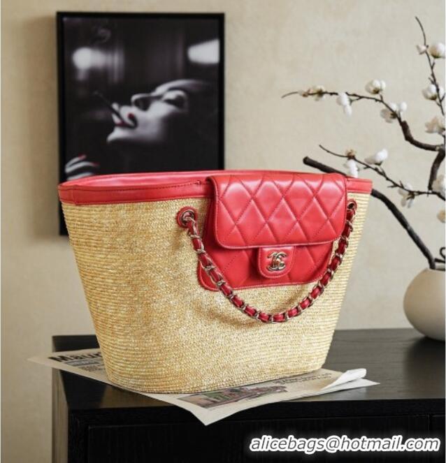Grade Cheapest Chanel Braided Straw Large Shopping Bag AS5952 Red 2026
