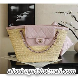 Super Quality Chanel Braided Straw Large Shopping Bag AS5952 Pink 2026