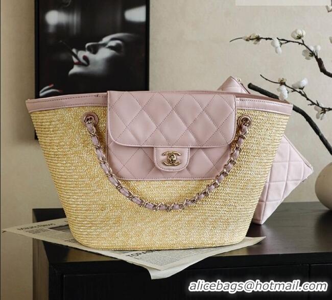 Super Quality Chanel Braided Straw Large Shopping Bag AS5952 Pink 2026