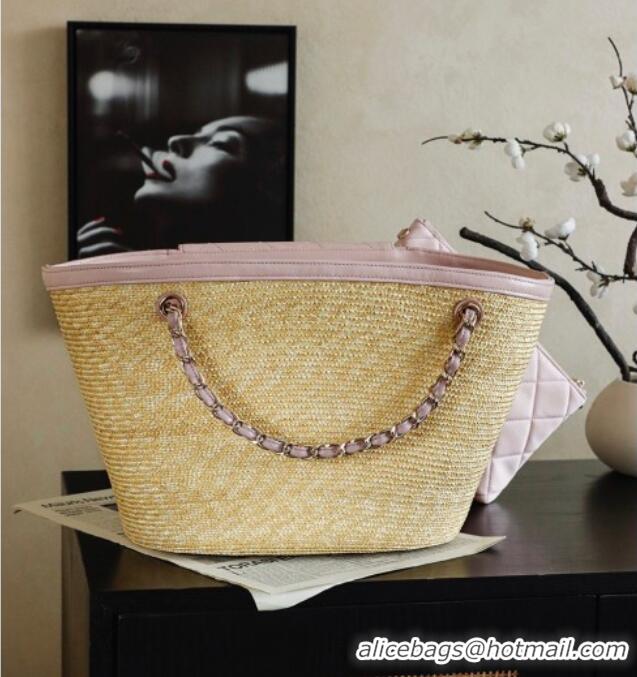 Super Quality Chanel Braided Straw Large Shopping Bag AS5952 Pink 2026