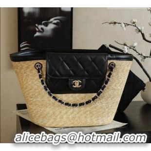 Free Shipping Cheap Chanel Braided Straw Large Shopping Bag AS5952 Black 2026
