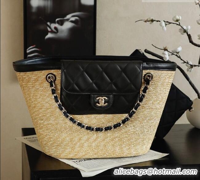Free Shipping Cheap Chanel Braided Straw Large Shopping Bag AS5952 Black 2026