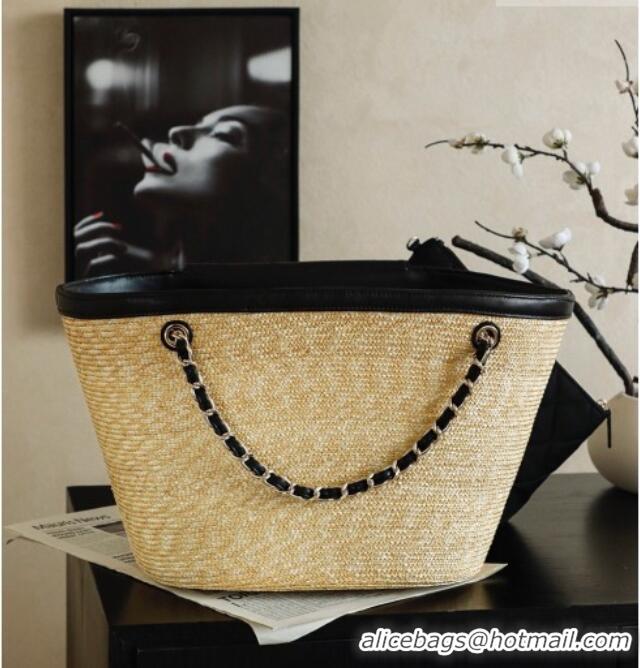 Free Shipping Cheap Chanel Braided Straw Large Shopping Bag AS5952 Black 2026