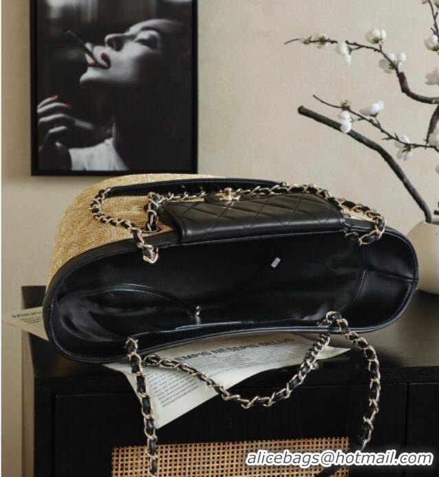 Free Shipping Cheap Chanel Braided Straw Large Shopping Bag AS5952 Black 2026