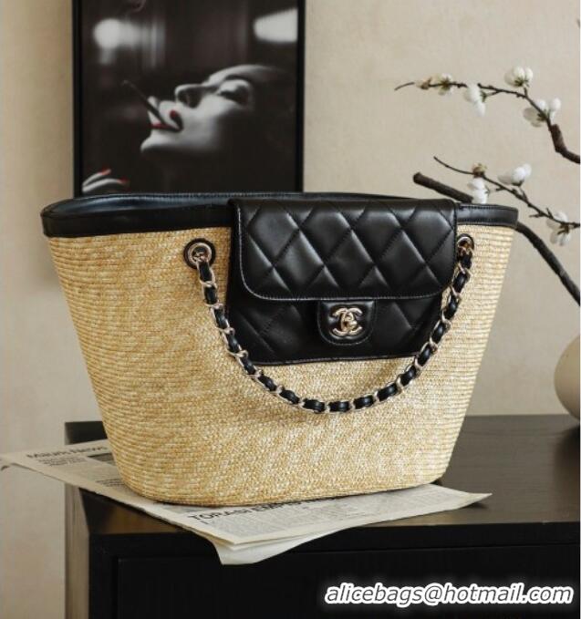 Free Shipping Cheap Chanel Braided Straw Large Shopping Bag AS5952 Black 2026