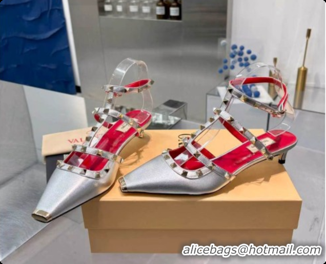 Good Quality Valentino Rockstud Court Shoes In Kid Leather 40MM V081472 Silver 2026