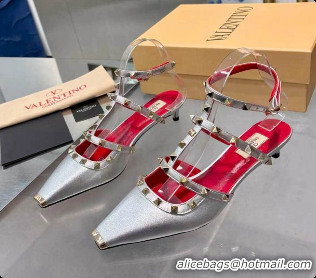 Good Quality Valentino Rockstud Court Shoes In Kid Leather 40MM V081472 Silver 2026