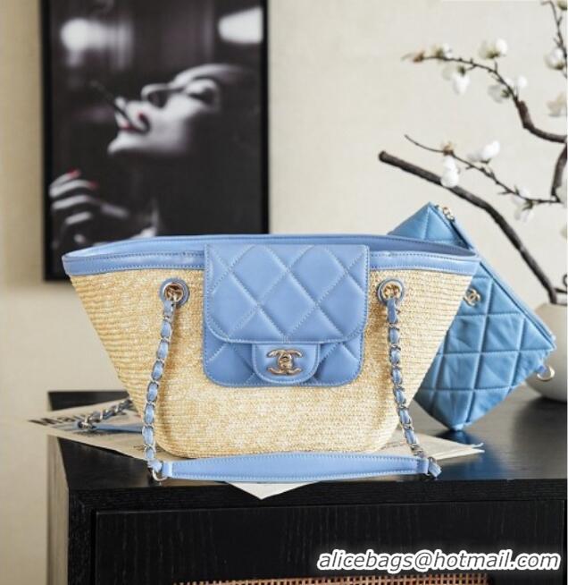 Top Design Chanel Braided Straw Small Shopping Bag AS5951 Blue 2026