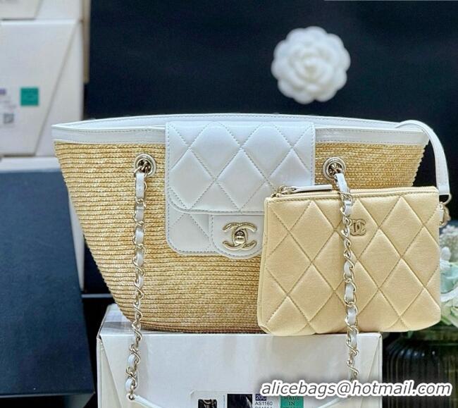 New Cheap Chanel Braided Straw Small Shopping Bag AS5951 Beige/White 2026 Top Quality