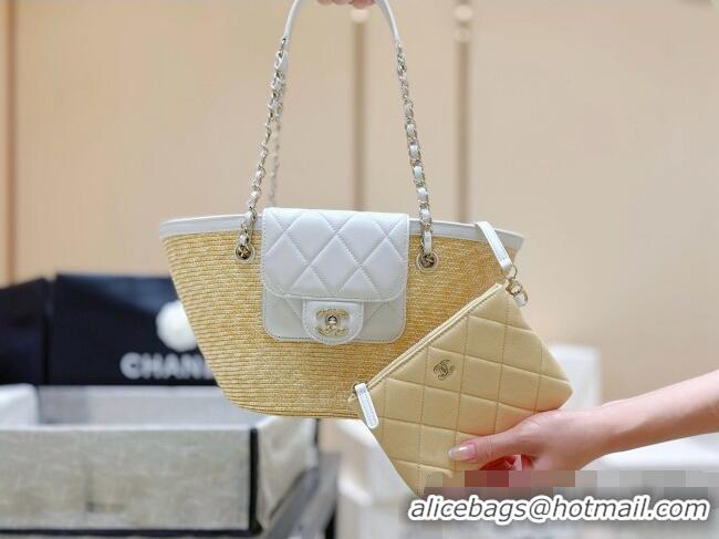 New Cheap Chanel Braided Straw Small Shopping Bag AS5951 Beige/White 2026 Top Quality