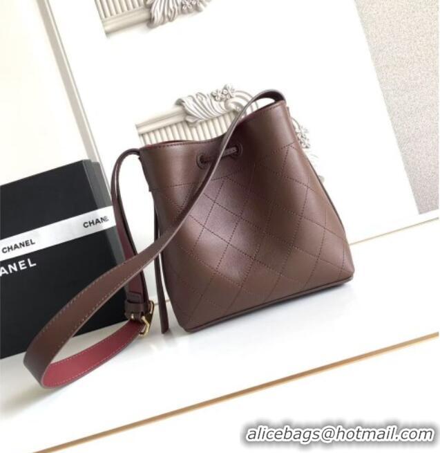 Original Cheap Chanel Quilted Calfskin Mini Bucket Bag AS6537 Dark Brown 2026