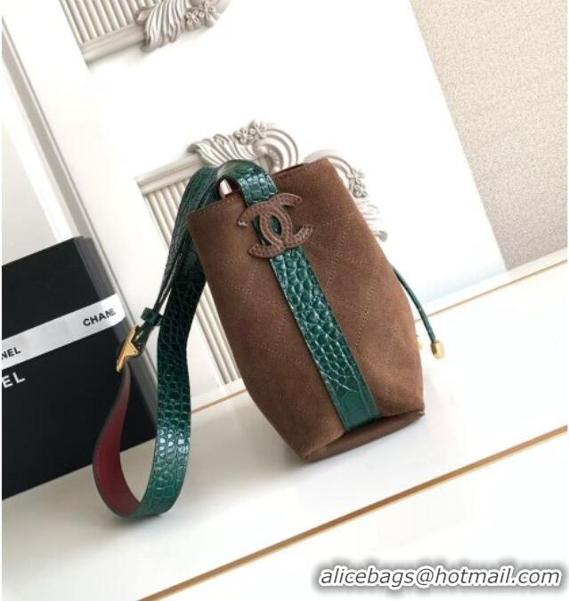 Good Taste Chanel Quilted Suede Mini Bucket Bag AS6537 Dark Brown/Green 2026