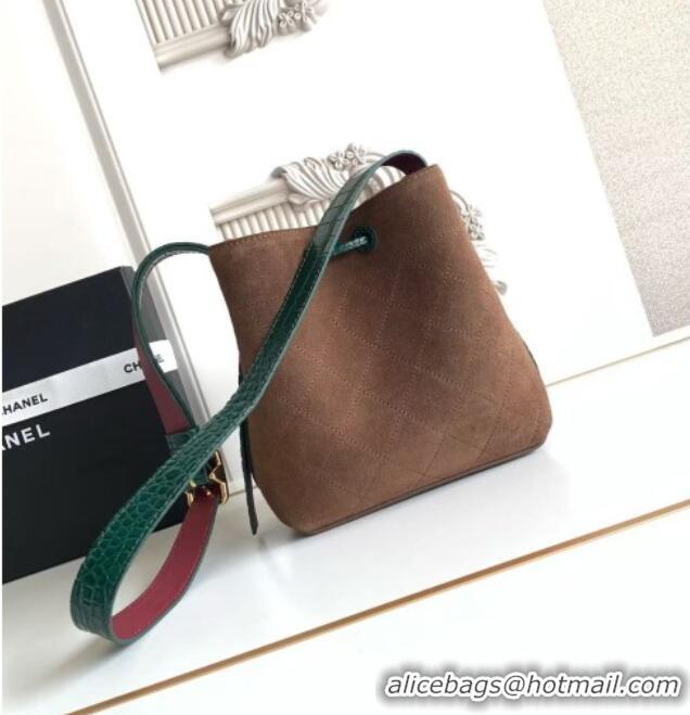 Good Taste Chanel Quilted Suede Mini Bucket Bag AS6537 Dark Brown/Green 2026