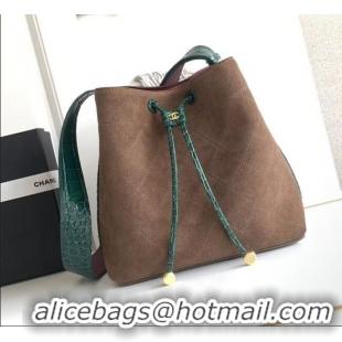 Buy Fashionable Chanel Quilted Suede Small Bucket Bag AS6584 Dark Brown/Green 2026
