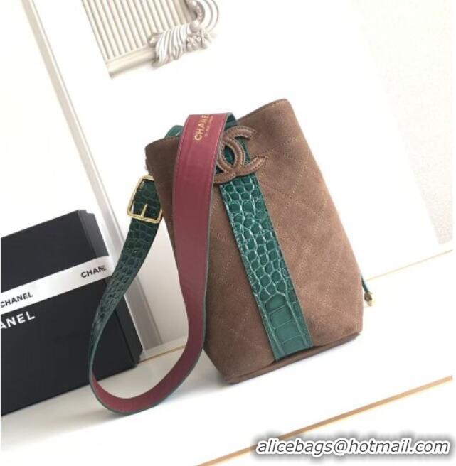 Buy Fashionable Chanel Quilted Suede Small Bucket Bag AS6584 Dark Brown/Green 2026