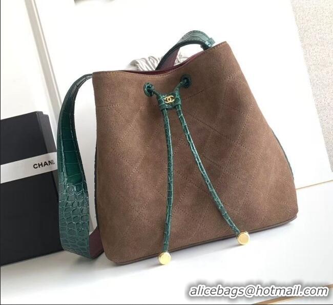 Buy Fashionable Chanel Quilted Suede Small Bucket Bag AS6584 Dark Brown/Green 2026