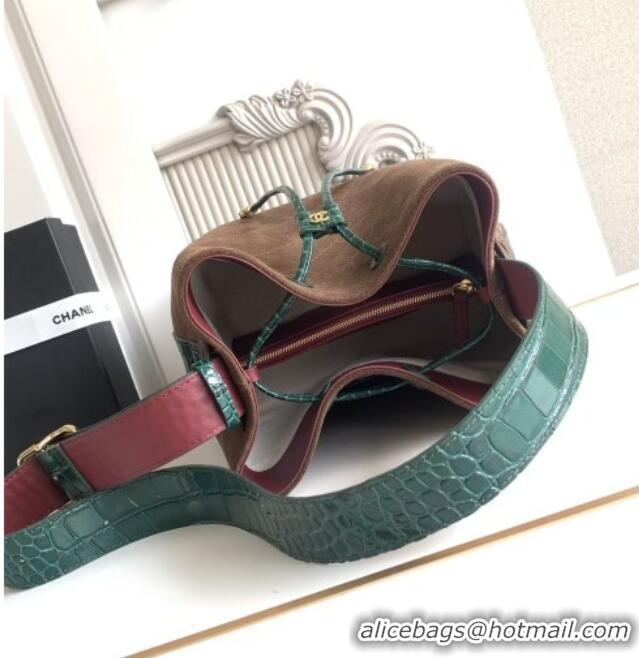 Buy Fashionable Chanel Quilted Suede Small Bucket Bag AS6584 Dark Brown/Green 2026
