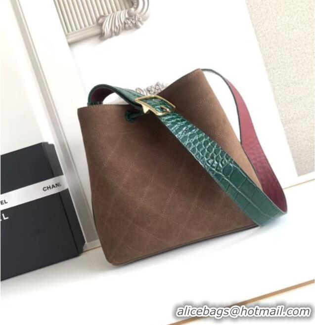 Buy Fashionable Chanel Quilted Suede Small Bucket Bag AS6584 Dark Brown/Green 2026