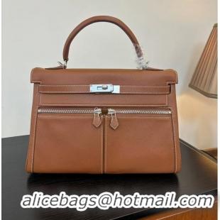 Discount Hermes Kelly Lakis Handbag 32cm Calf Leather/Canvas H5986 Brown/Silver