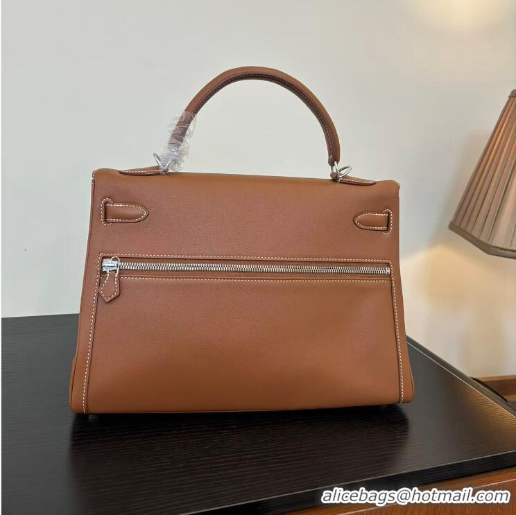 Discount Hermes Kelly Lakis Handbag 32cm Calf Leather/Canvas H5986 Brown/Silver
