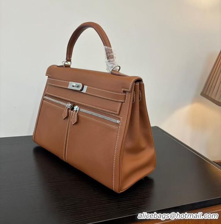 Discount Hermes Kelly Lakis Handbag 32cm Calf Leather/Canvas H5986 Brown/Silver