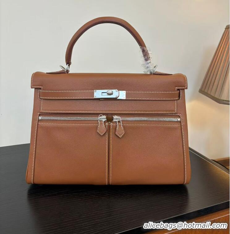 Discount Hermes Kelly Lakis Handbag 32cm Calf Leather/Canvas H5986 Brown/Silver